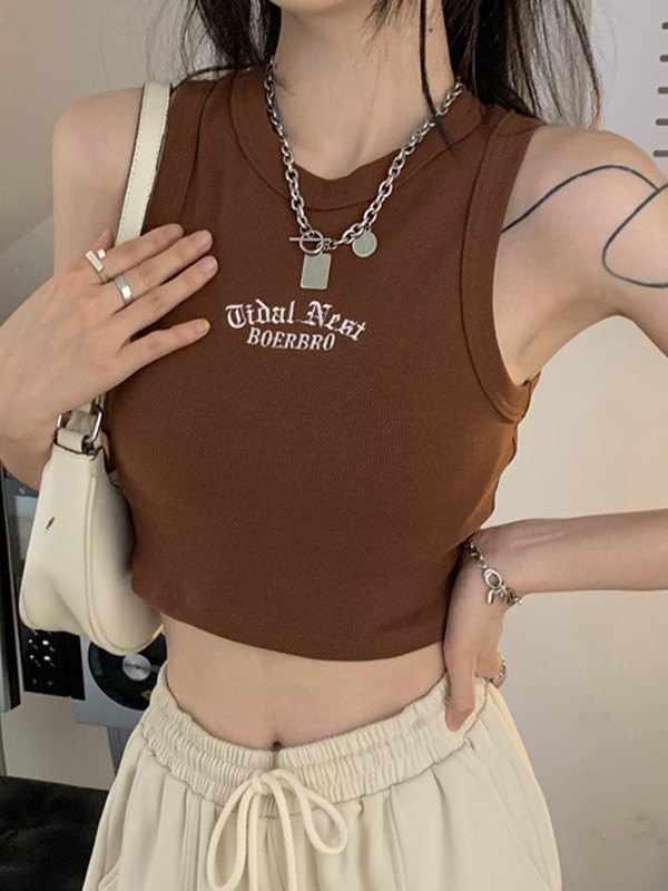 EMMIOL Letter Embroidery Ribbed Cropped Tank Top