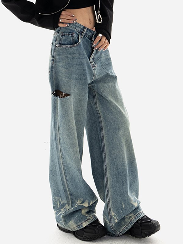 EMMIOL Blaue, zerrissene Baggy Boyfriend-Jeans