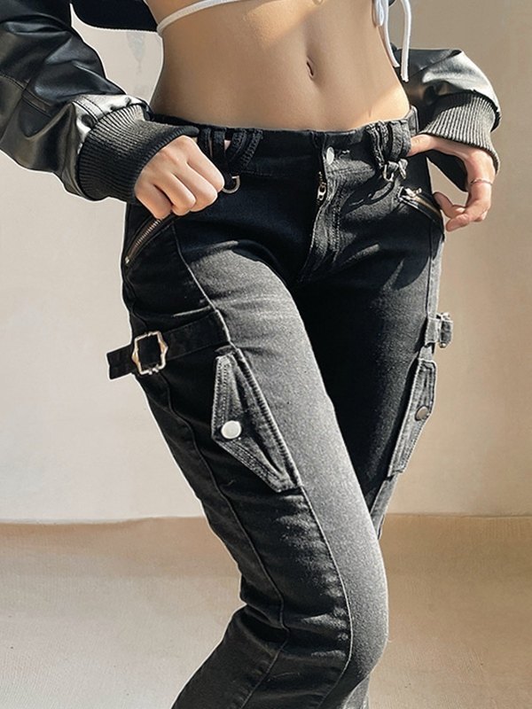 EMMIOL Metal Embellish Slim Black Flare Jeans