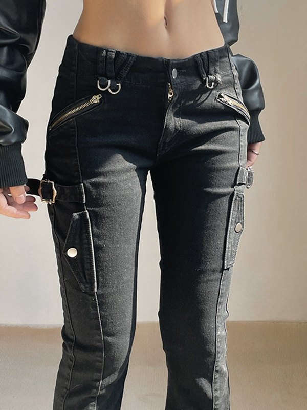EMMIOL Metal Embellish Slim Black Flare Jeans