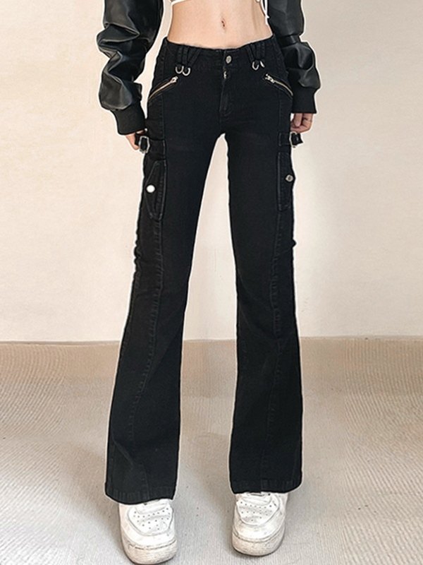 EMMIOL Metal Embellish Slim Black Flare Jeans