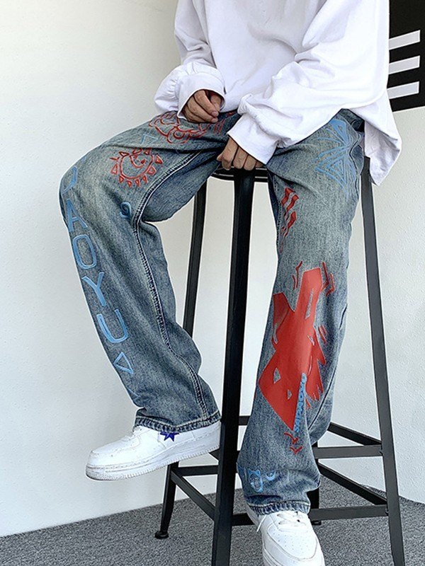 EMMIOL Men's Graffiti Print Loose Jeans