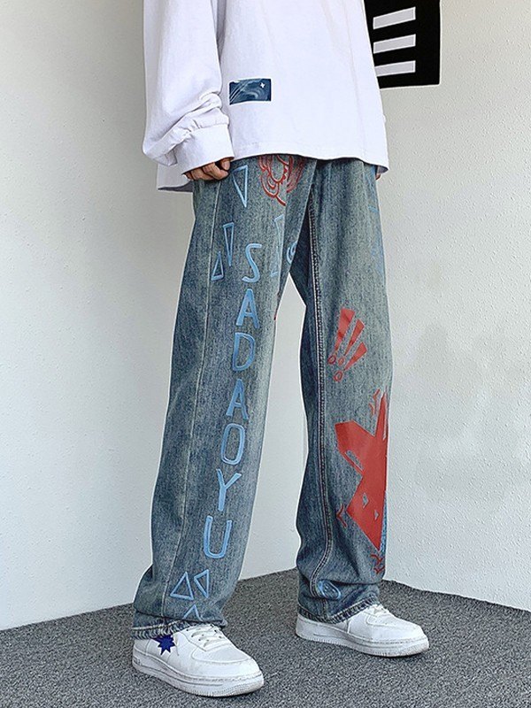 EMMIOL Men's Graffiti Print Loose Jeans