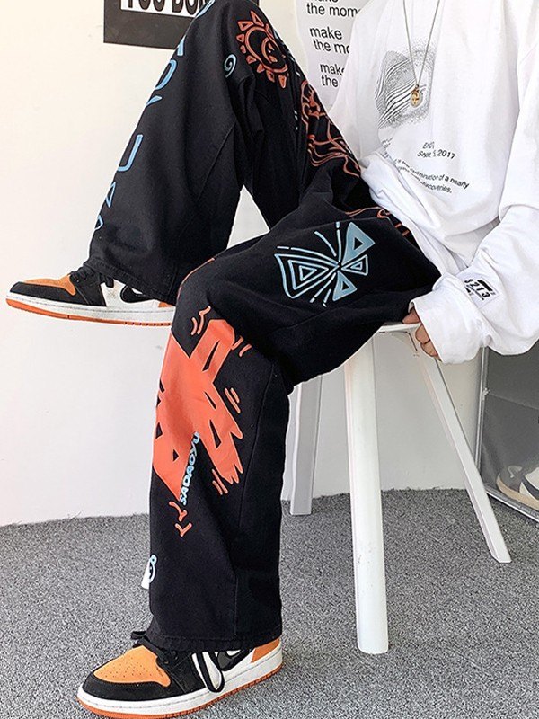 EMMIOL Men's Graffiti Print Loose Jeans