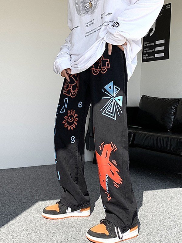 EMMIOL Men's Graffiti Print Loose Jeans