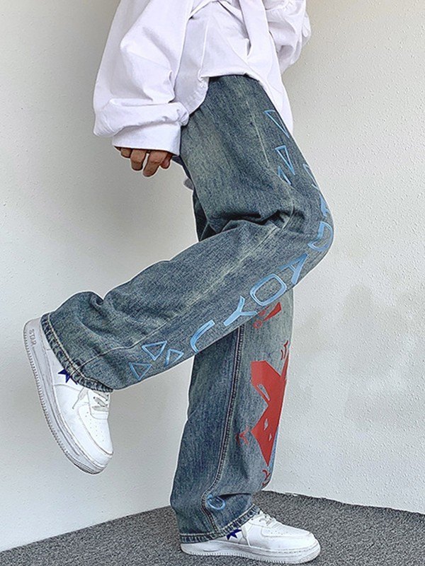 EMMIOL Men's Graffiti Print Loose Jeans