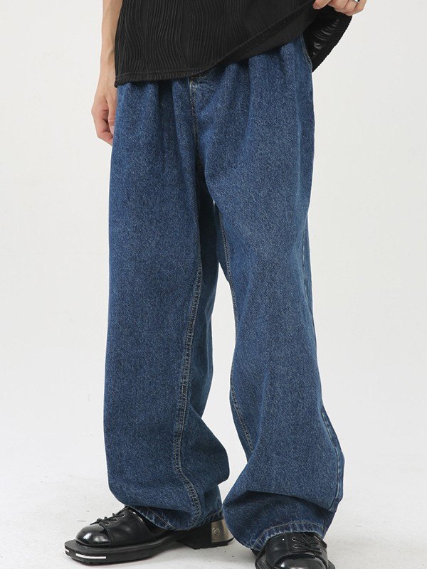 Emmiol Free shipping 2023 Men's Pleated Denim Loose Jeans Navy Blue XL