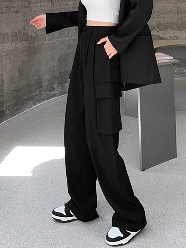 Emmiol Free shipping 2023 Pleated Black Cargo Pants Black M in Cargo