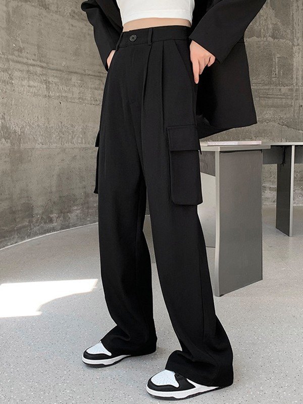 Emmiol Free shipping 2024 Pleated Black Cargo Pants Black S in Cargo