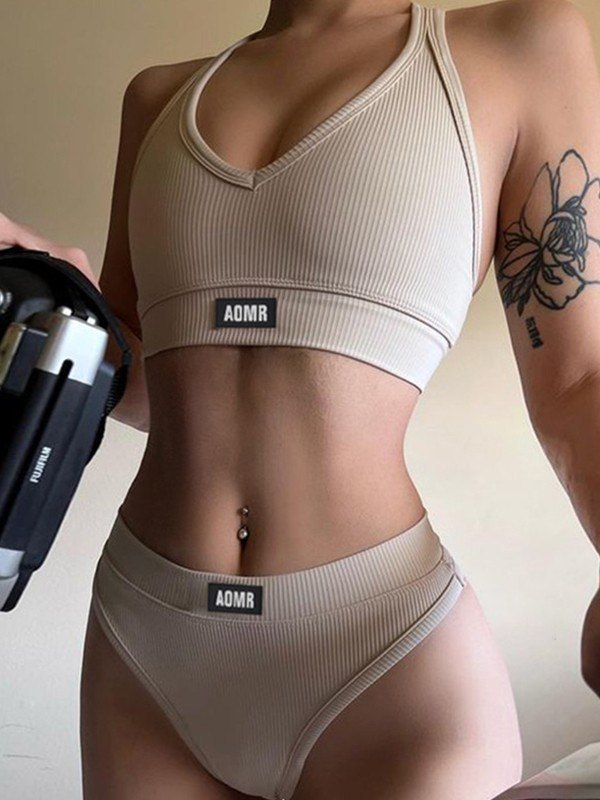 EMMIOL Conjunto de lencería deportiva acanalada con logotipo