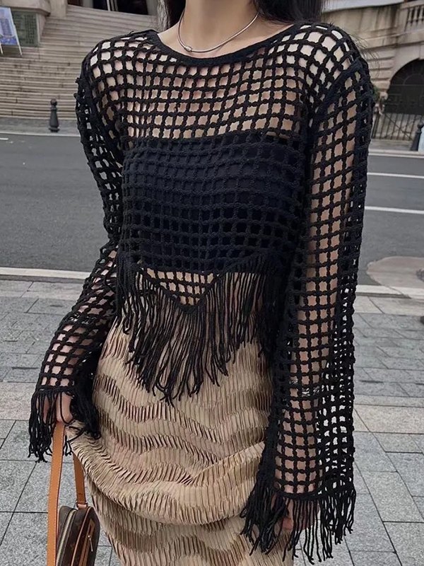 EMMIOL Hollow Out Fringed Crochet Knit Crop Top
