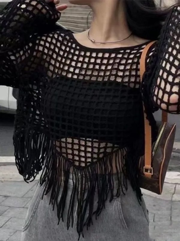 EMMIOL Hollow Out Fringed Crochet Knit Crop Top