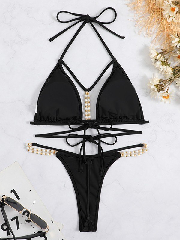 EMMIOL Faux Pearl Embellish Black Bikini Set