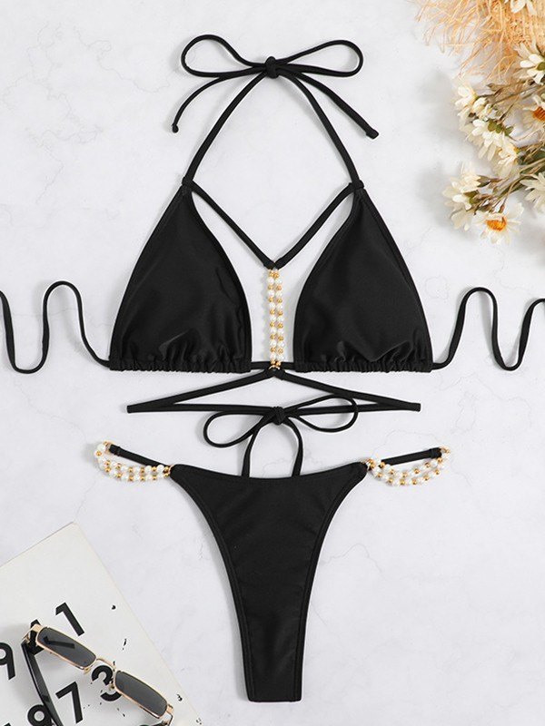 EMMIOL Faux Pearl Embellish Black Bikini Set