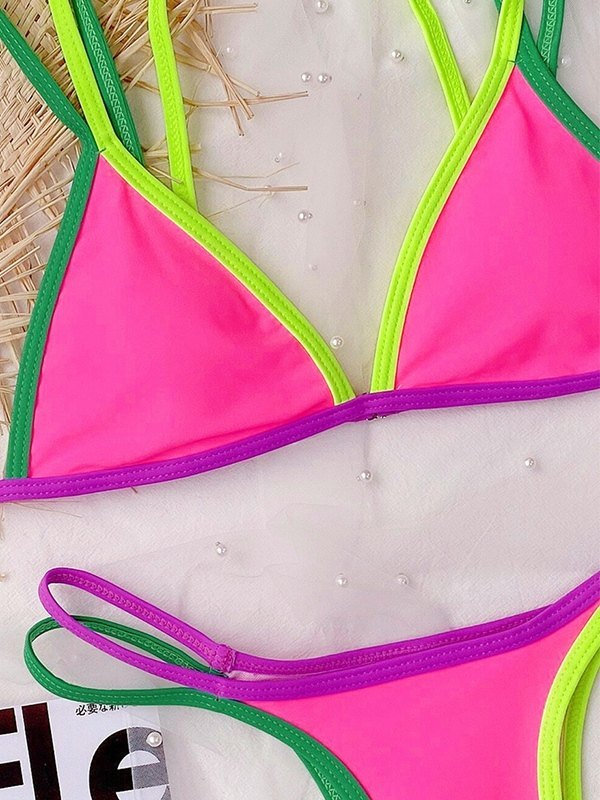 Zikini Color Emmiol Free shipping 2026 Color Block Strappy Bikini Set Beetroot ...