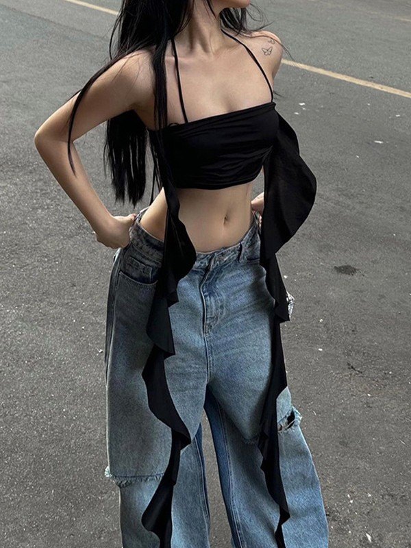 EMMIOL Ruffle Trim Halter Crop Cami Top