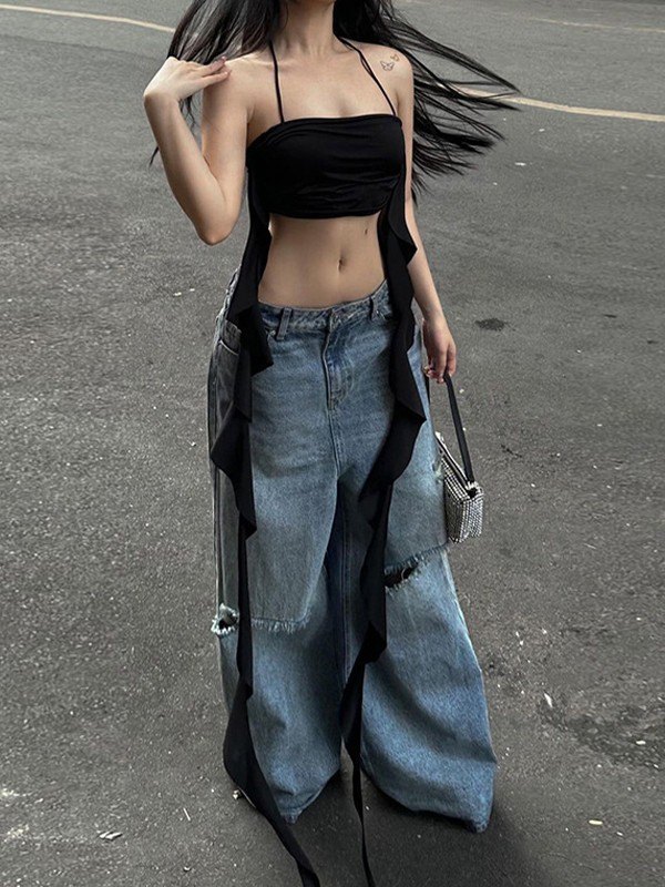 EMMIOL Ruffle Trim Halter Crop Cami Top