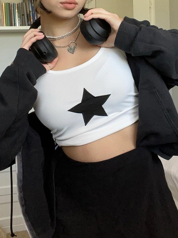 EMMIOL Star Embroidered Rib Cropped Tank Top