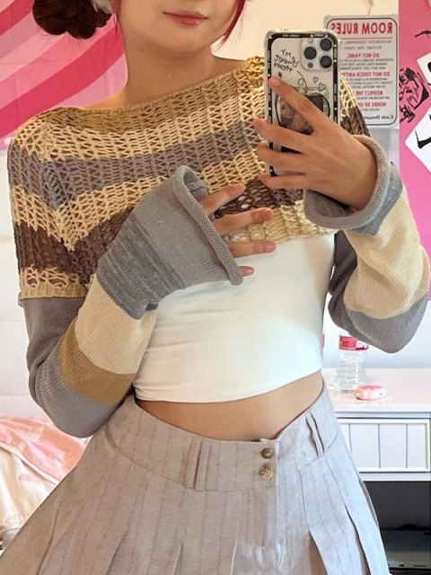 Super Crop Long Sleeve Crochet Top with Stripes Knit main image 1