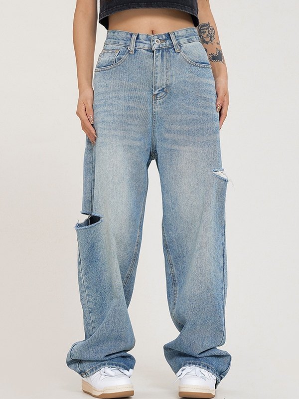 Emmiol Spedizione gratuita 2025 Jeans strappati larghi blu denim