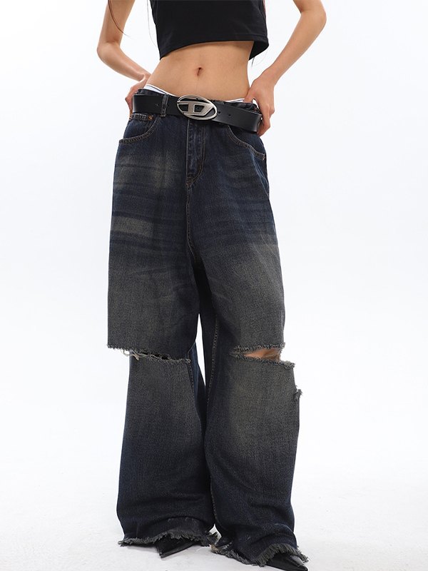 EMMIOL Zerrissene Baggy-Jeans in dunkler Waschung