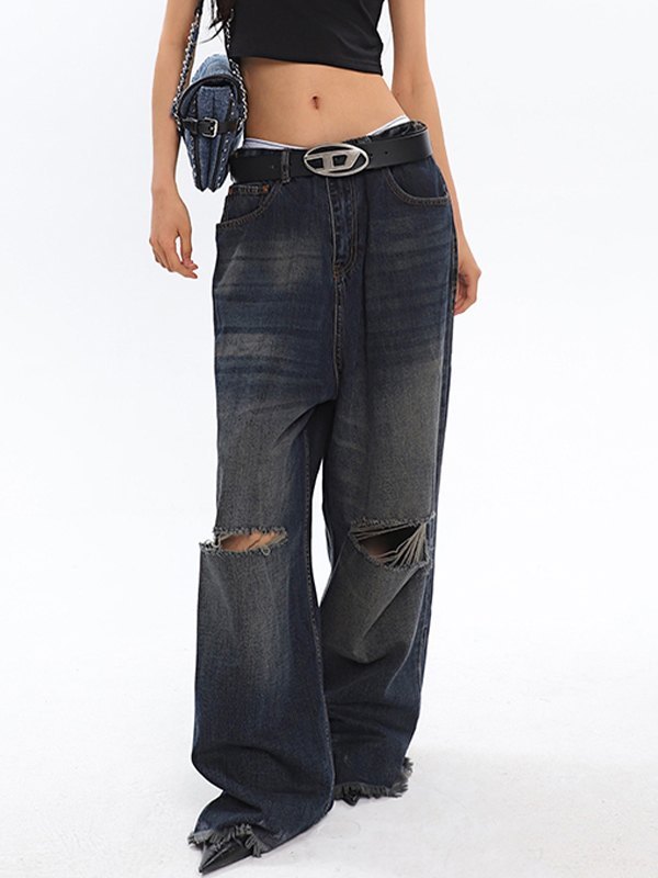 EMMIOL Zerrissene Baggy-Jeans in dunkler Waschung