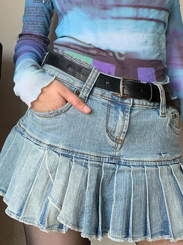 EMMIOL Ruffle Pleated Denim Mini Skirt