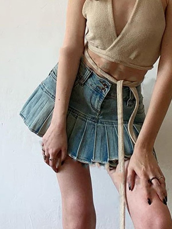 EMMIOL Ruffle Pleated Denim Mini Skirt