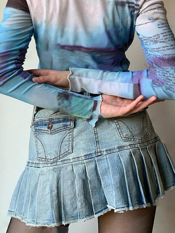 EMMIOL Ruffle Pleated Denim Mini Skirt