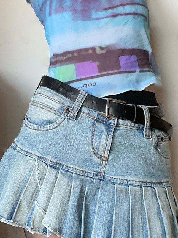 EMMIOL Ruffle Pleated Denim Mini Skirt