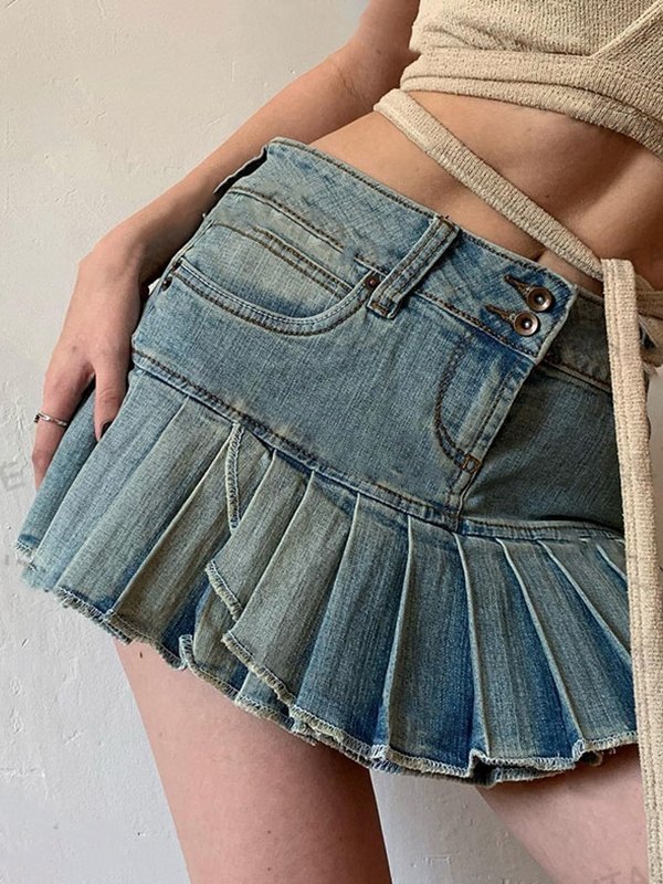 EMMIOL Ruffle Pleated Denim Mini Skirt