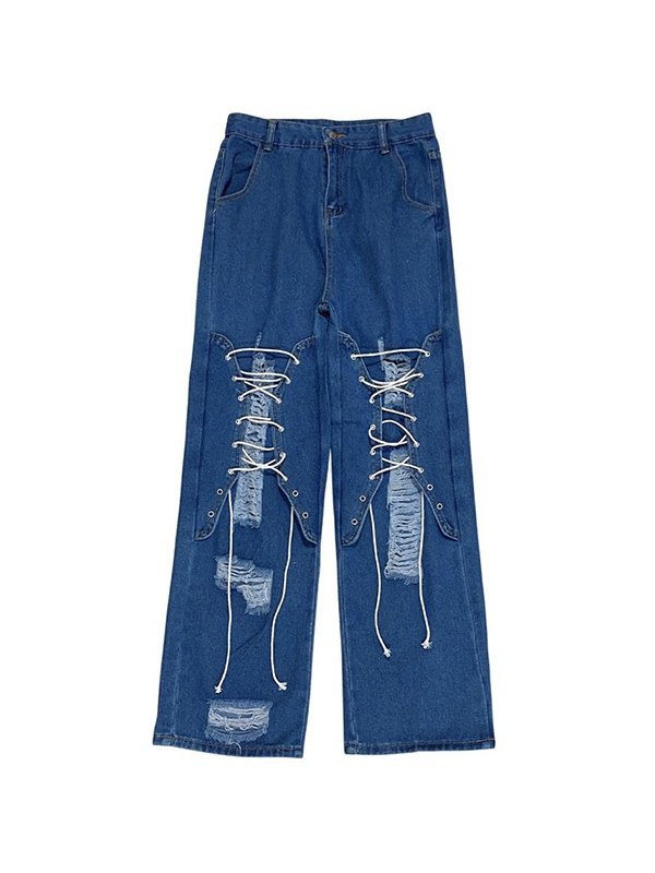 EMMIOL Patchwork Lace Up Ripped Jeans