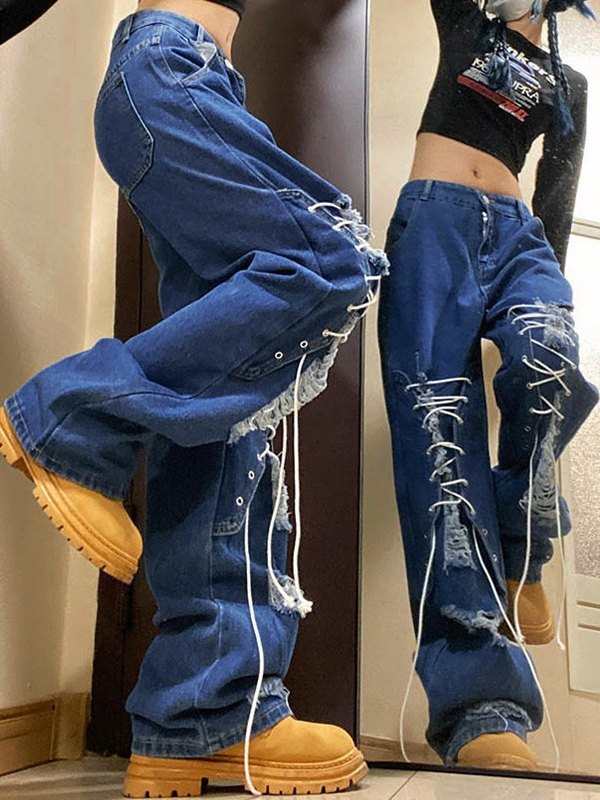 EMMIOL Patchwork Lace Up Ripped Jeans