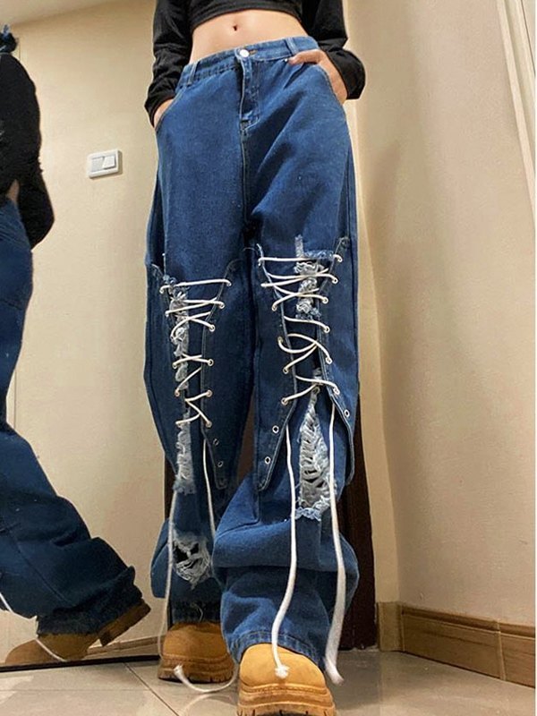 EMMIOL Patchwork Lace Up Ripped Jeans