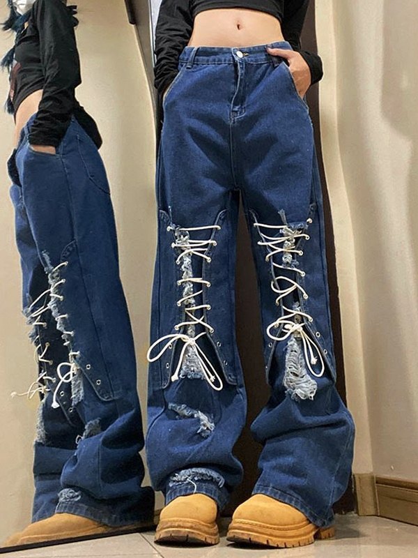 EMMIOL Patchwork Lace Up Ripped Jeans