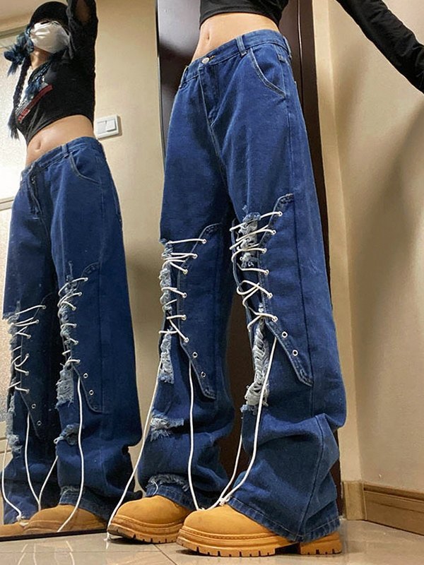 EMMIOL Patchwork Lace Up Ripped Jeans