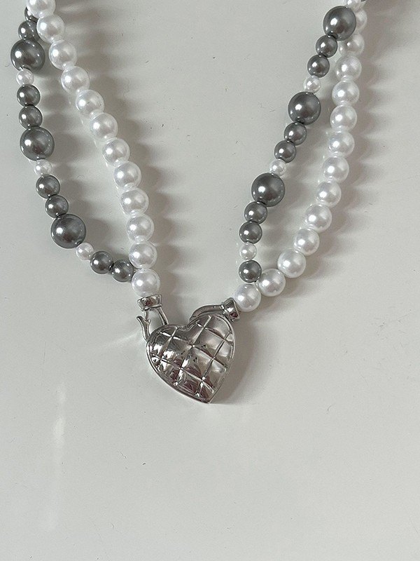 Emmiol Free shipping 2023 Double Layered Faux Pearl Heart Charm Necklace Silver ONE SIZE in