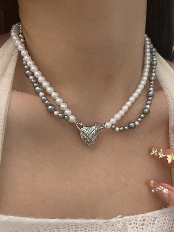 Emmiol Free shipping 2023 Double Layered Faux Pearl Heart Charm Necklace Silver ONE SIZE in