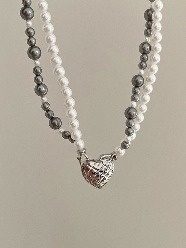 Emmiol Free shipping 2023 Double Layered Faux Pearl Heart Charm Necklace Silver ONE SIZE in
