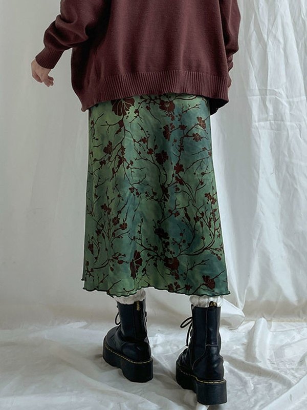 EMMIOL Vintage Green Floral Midi Skirt