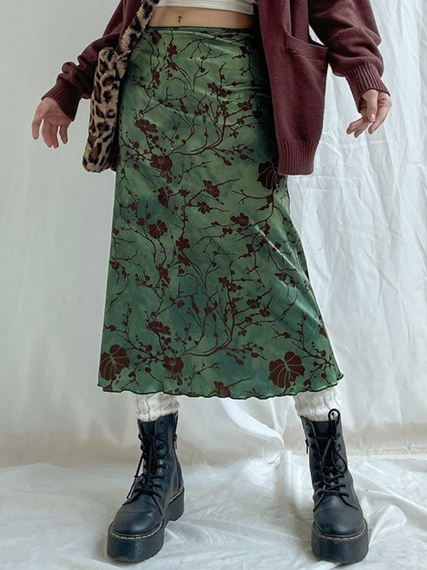 Emmiol Free shipping 2024 Vintage Green Floral Midi Skirt Green S in