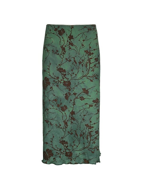 EMMIOL Vintage Green Floral Midi Skirt