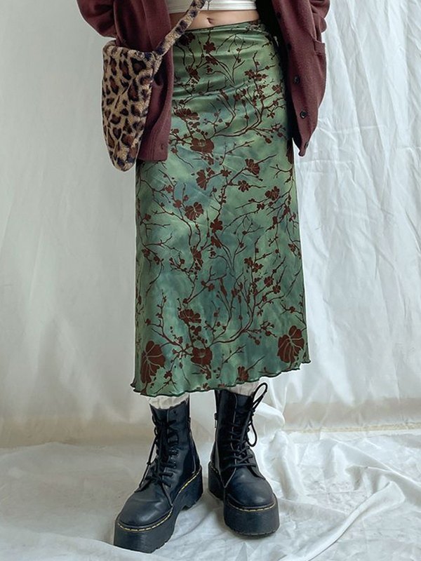 EMMIOL Vintage Green Floral Midi Skirt