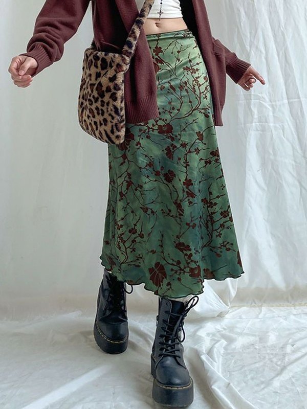 EMMIOL Vintage Green Floral Midi Skirt