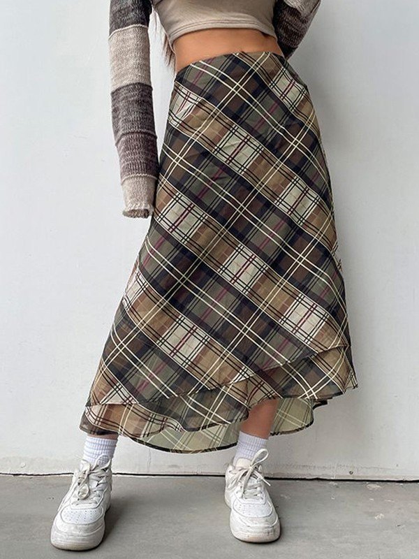 EMMIOL Falda midi a cuadros retro en capas