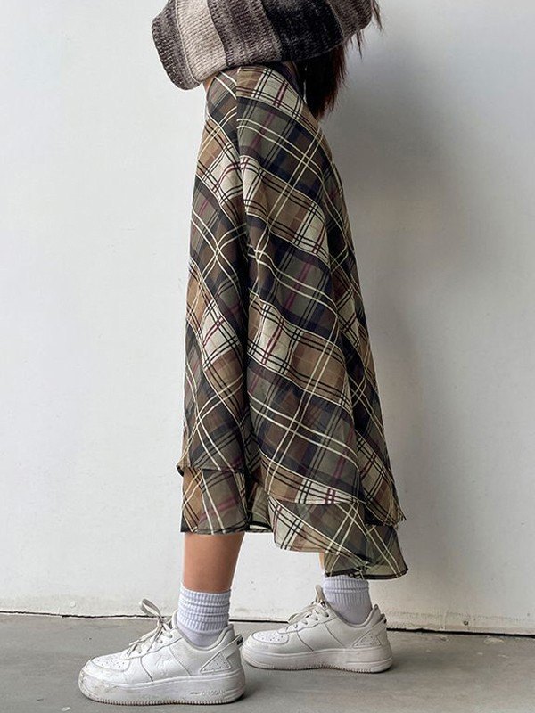 EMMIOL Falda midi a cuadros retro en capas
