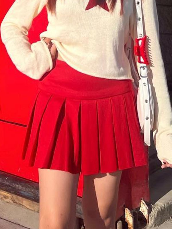 Emmiol Free shipping 2024 Y2K Pleated Mini Skirt Red L in Mini Skirts