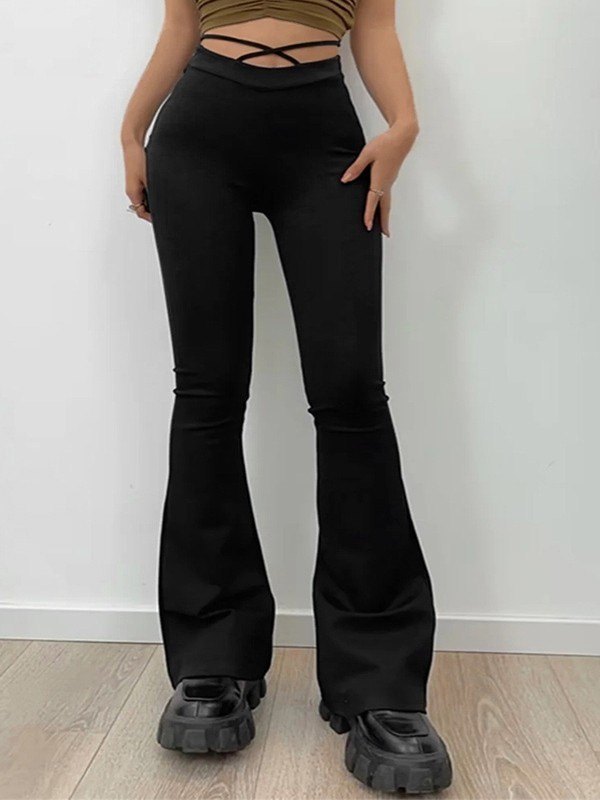 EMMIOL V Cut Lace Up Stretch Flare Leg Pants