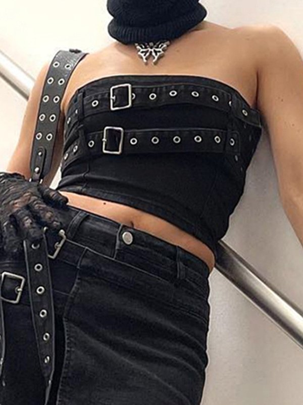 EMMIOL Buckle Belted Denim Bandeau Top