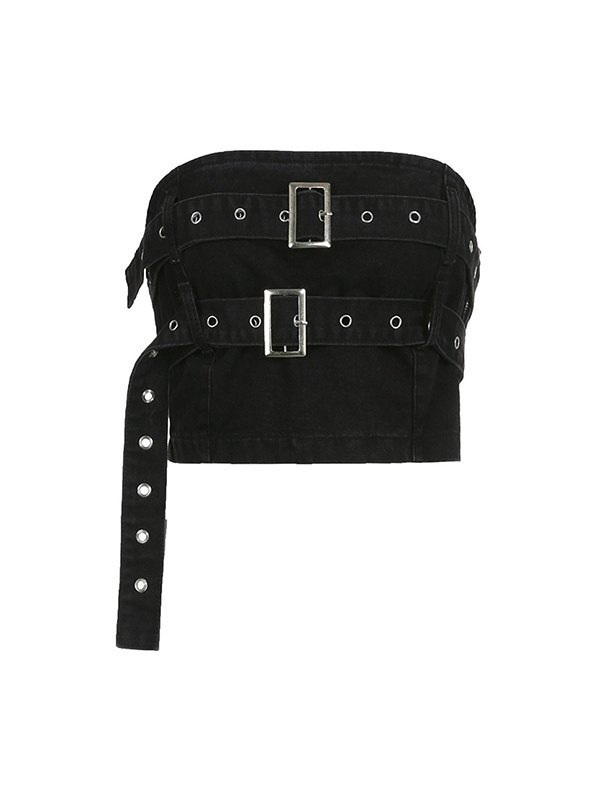 EMMIOL Buckle Belted Denim Bandeau Top